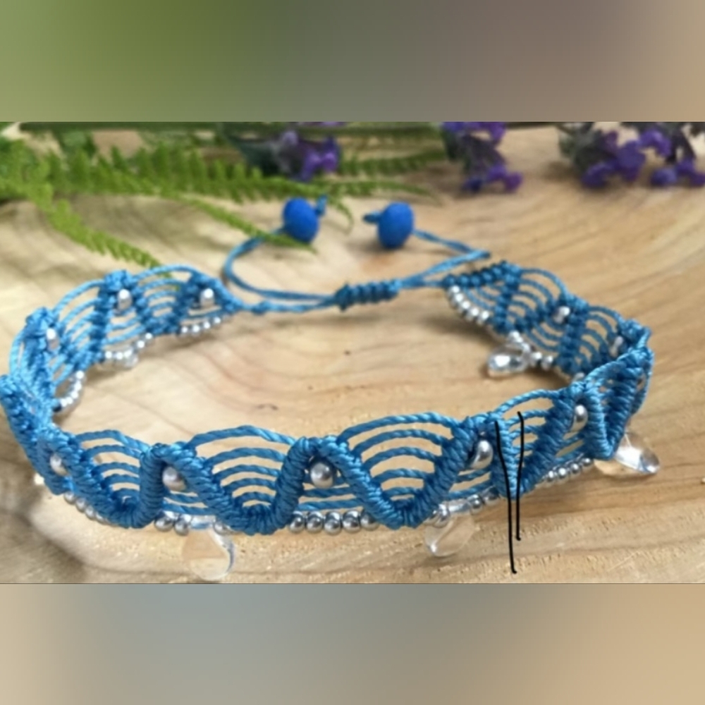 Blue Micro Macrame  with Silver Leaf Charms Anklet
